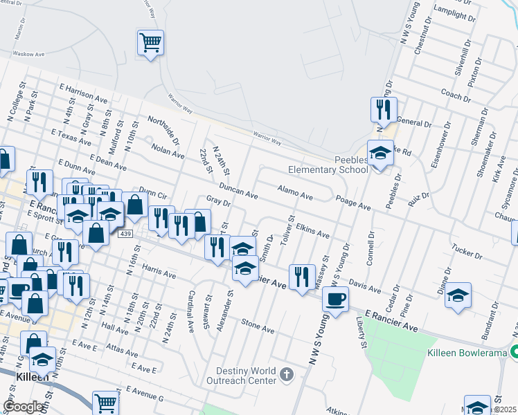 map of restaurants, bars, coffee shops, grocery stores, and more near 1307 Jackson Street in Killeen