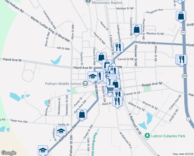 map of restaurants, bars, coffee shops, grocery stores, and more near 126-198 Hood Street Southwest in Pelham