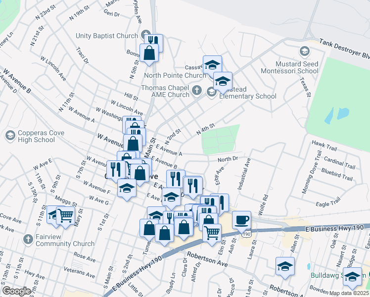 map of restaurants, bars, coffee shops, grocery stores, and more near 206 East Washington Avenue in Copperas Cove