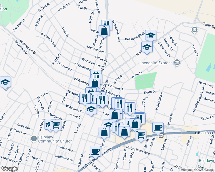 map of restaurants, bars, coffee shops, grocery stores, and more near 105 East Avenue A in Copperas Cove