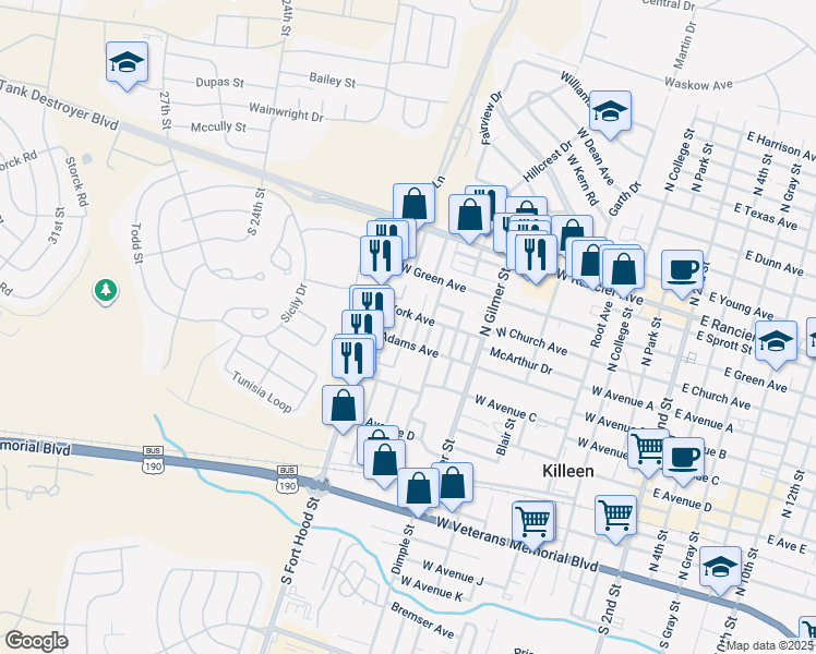 map of restaurants, bars, coffee shops, grocery stores, and more near 514 Rhode Island Street in Killeen