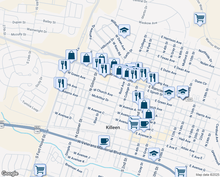 map of restaurants, bars, coffee shops, grocery stores, and more near 514 West Green Avenue in Killeen