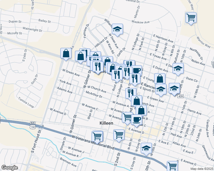 map of restaurants, bars, coffee shops, grocery stores, and more near 411 West Green Avenue in Killeen