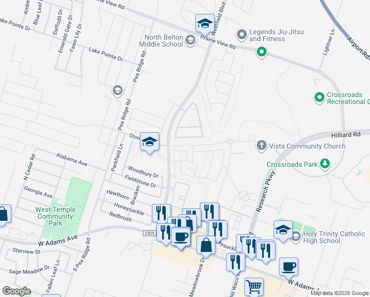 map of restaurants, bars, coffee shops, grocery stores, and more near 1136 Spring Terrace Loop in Temple