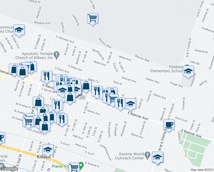 map of restaurants, bars, coffee shops, grocery stores, and more near 1103 Gray Drive in Killeen