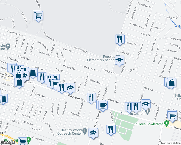 map of restaurants, bars, coffee shops, grocery stores, and more near 1803 Duncan Avenue in Killeen