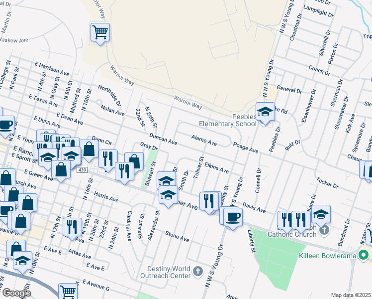 map of restaurants, bars, coffee shops, grocery stores, and more near 1607 Duncan Avenue in Killeen