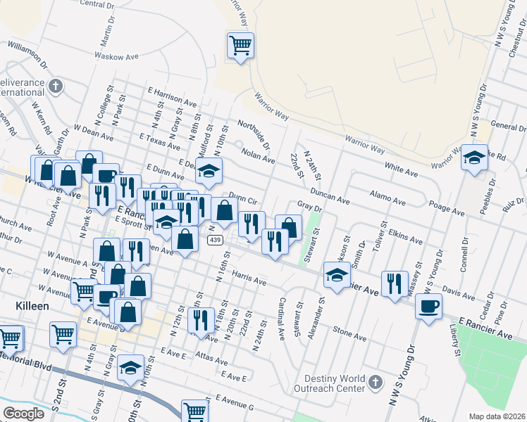 map of restaurants, bars, coffee shops, grocery stores, and more near 1312 North 18th Street in Killeen