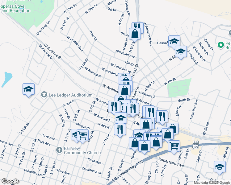 map of restaurants, bars, coffee shops, grocery stores, and more near 212 West Avenue B in Copperas Cove