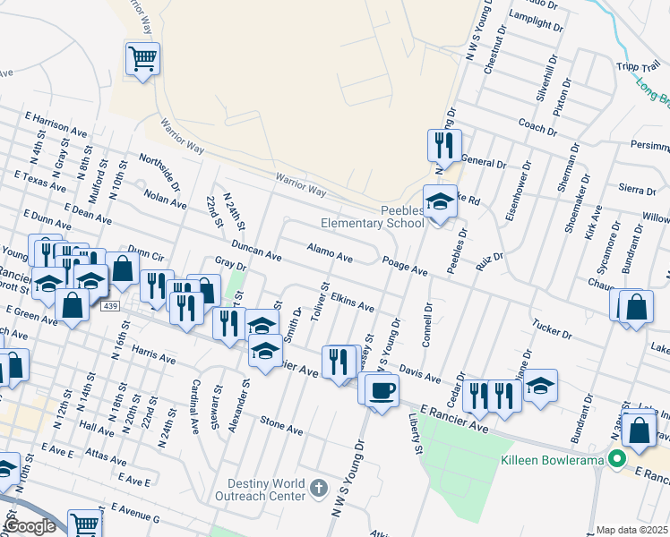 map of restaurants, bars, coffee shops, grocery stores, and more near 1801 Duncan Avenue in Killeen