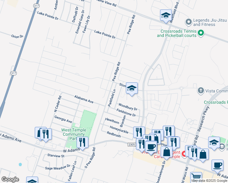 map of restaurants, bars, coffee shops, grocery stores, and more near 605 North Pea Ridge Road in Temple