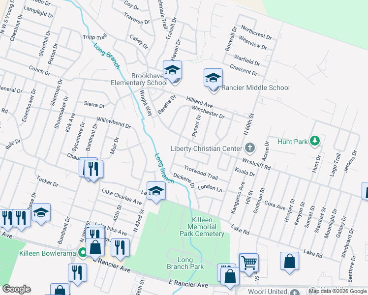 map of restaurants, bars, coffee shops, grocery stores, and more near 2209 Purser Drive in Killeen