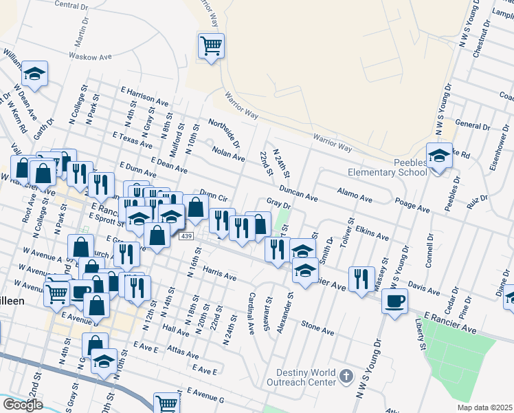 map of restaurants, bars, coffee shops, grocery stores, and more near 1108 Gray Drive in Killeen