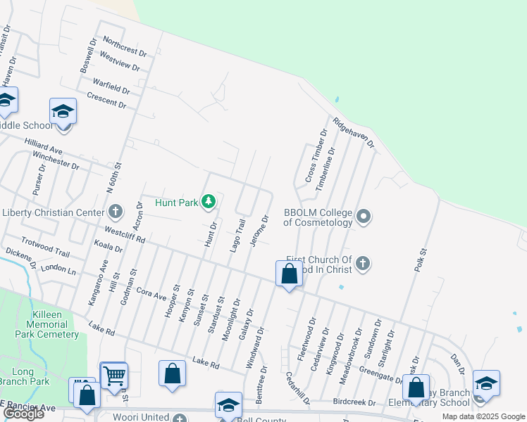 map of restaurants, bars, coffee shops, grocery stores, and more near 2403 Jerome Drive in Killeen