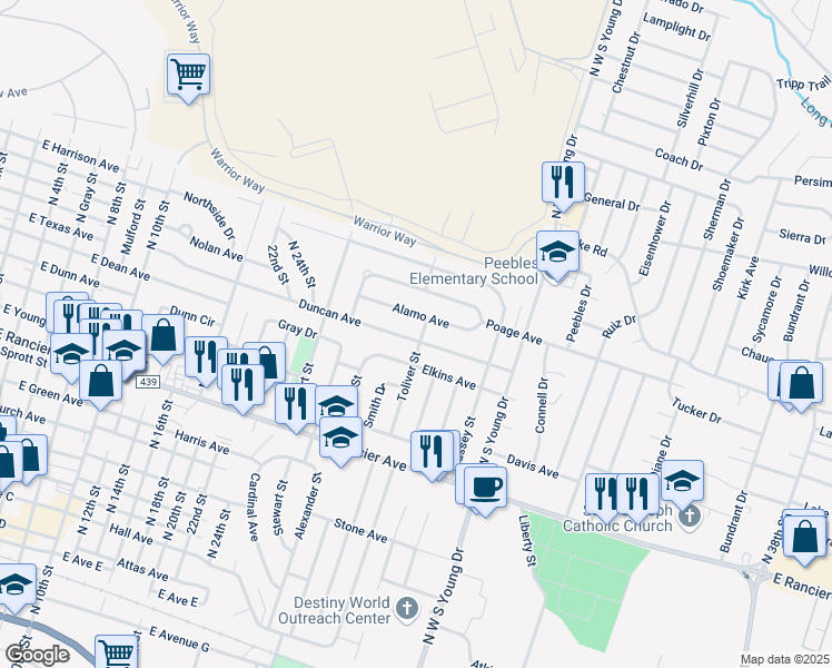 map of restaurants, bars, coffee shops, grocery stores, and more near 1716 Alamo Avenue in Killeen
