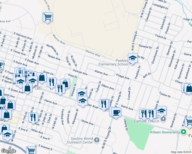 map of restaurants, bars, coffee shops, grocery stores, and more near 1607 Duncan Avenue in Killeen