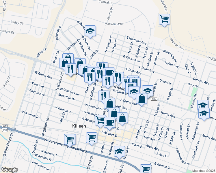 map of restaurants, bars, coffee shops, grocery stores, and more near 904 North Park Street in Killeen