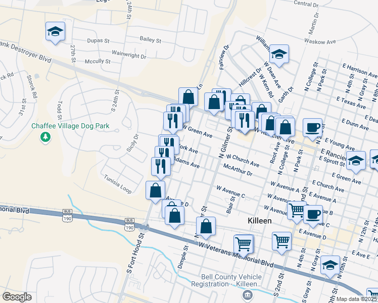 map of restaurants, bars, coffee shops, grocery stores, and more near 603 Murphy Street in Killeen