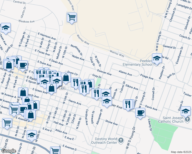 map of restaurants, bars, coffee shops, grocery stores, and more near 1303 Gray Drive in Killeen