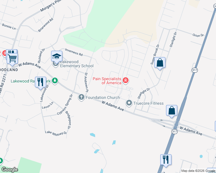 map of restaurants, bars, coffee shops, grocery stores, and more near 10409 Windy Pointe Drive in Temple