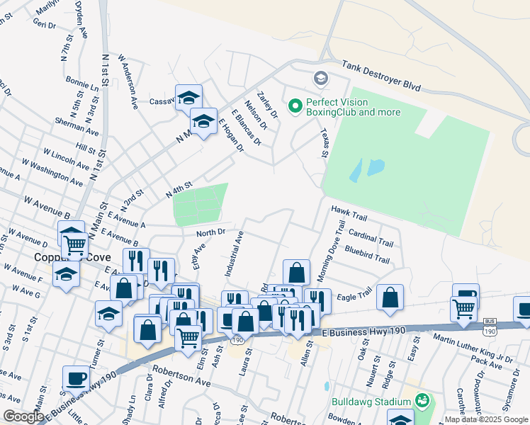 map of restaurants, bars, coffee shops, grocery stores, and more near 1205 Walt Morgan Circle in Copperas Cove