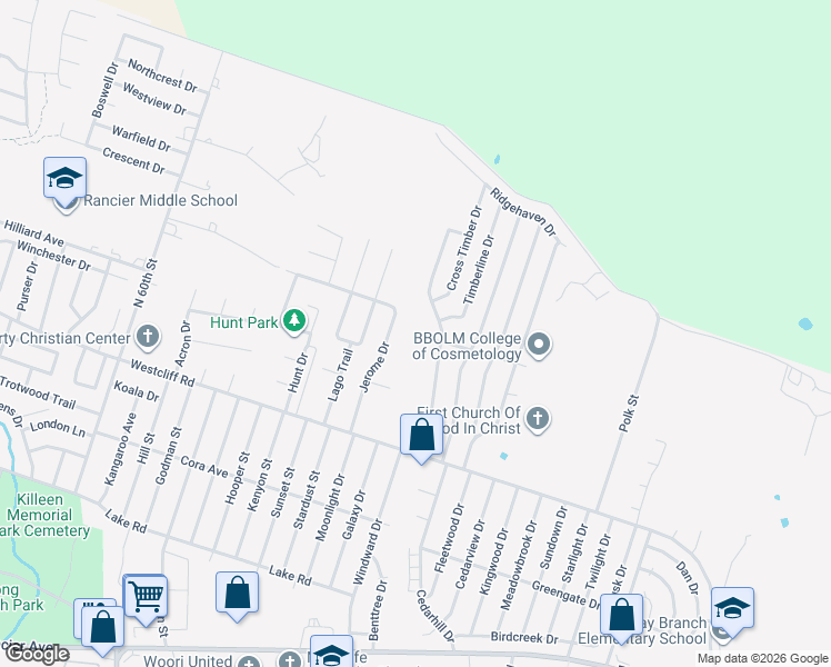 map of restaurants, bars, coffee shops, grocery stores, and more near 2303 Caprice Drive in Killeen