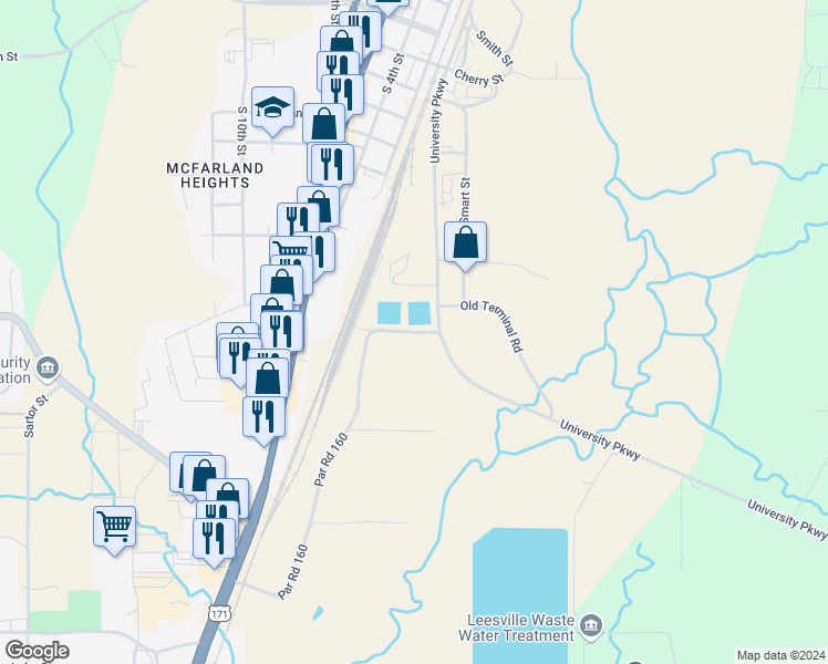 map of restaurants, bars, coffee shops, grocery stores, and more near 151 Par Road 160 in Leesville