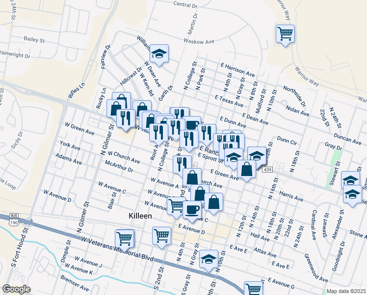 map of restaurants, bars, coffee shops, grocery stores, and more near 904 North Park Street in Killeen