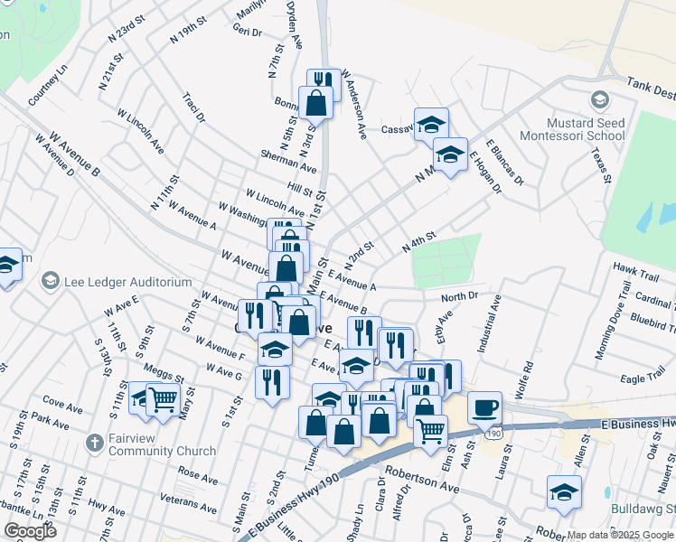 map of restaurants, bars, coffee shops, grocery stores, and more near 105 East Avenue A in Copperas Cove