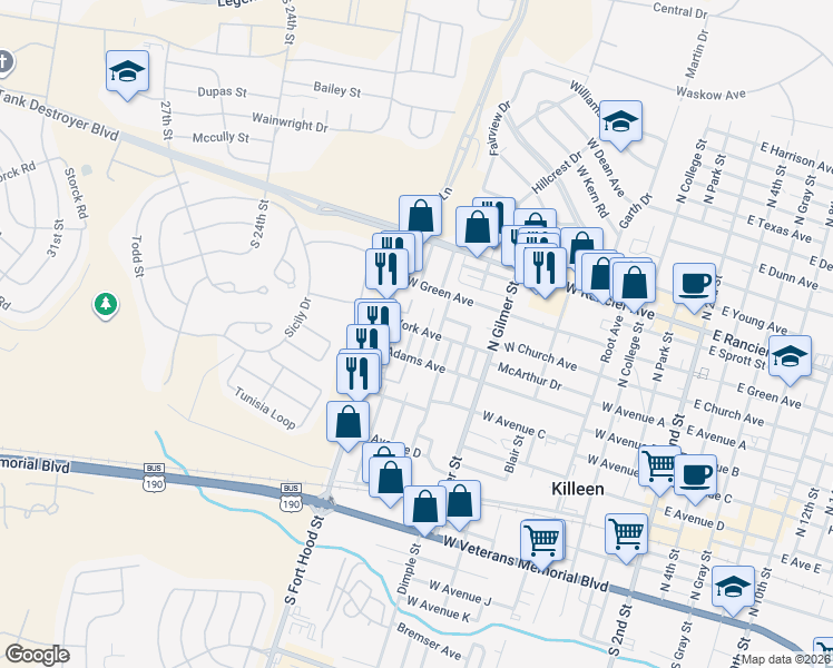 map of restaurants, bars, coffee shops, grocery stores, and more near 514 Rhode Island Street in Killeen