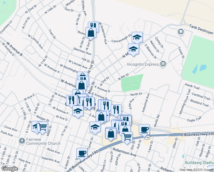 map of restaurants, bars, coffee shops, grocery stores, and more near 206 East Washington Avenue in Copperas Cove