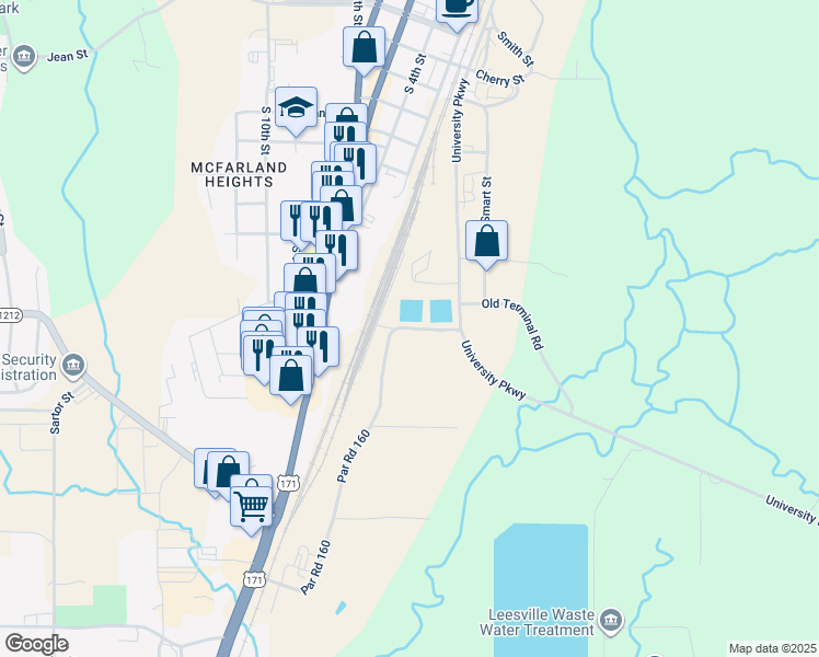 map of restaurants, bars, coffee shops, grocery stores, and more near 129 Par Road 160 in Leesville