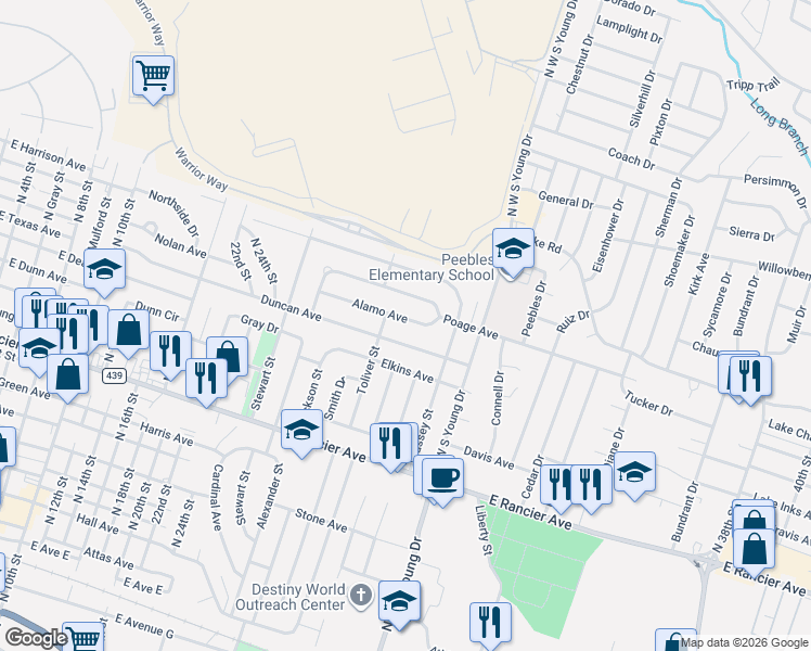 map of restaurants, bars, coffee shops, grocery stores, and more near 1903 Alamo Avenue in Killeen