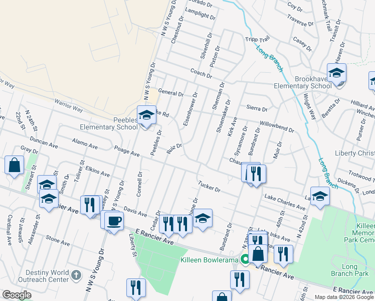 map of restaurants, bars, coffee shops, grocery stores, and more near 2603 Lake Road in Killeen