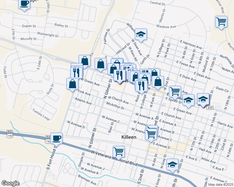 map of restaurants, bars, coffee shops, grocery stores, and more near 718 West Green Avenue in Killeen