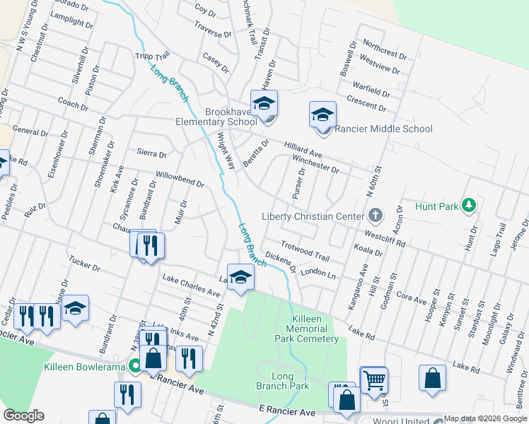 map of restaurants, bars, coffee shops, grocery stores, and more near 2205 Dickens Drive in Killeen