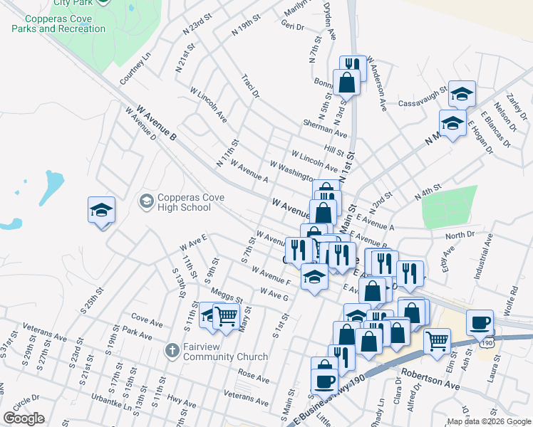 map of restaurants, bars, coffee shops, grocery stores, and more near 414 West Avenue C in Copperas Cove