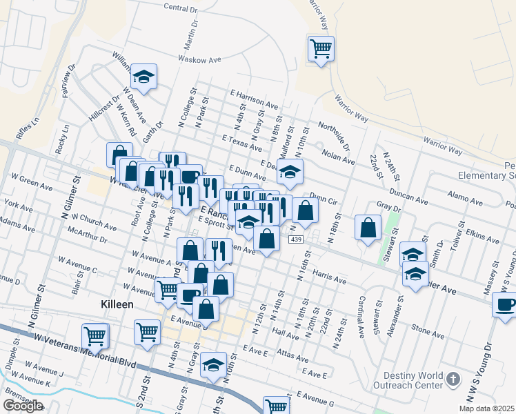 map of restaurants, bars, coffee shops, grocery stores, and more near 319 East Young Avenue in Killeen