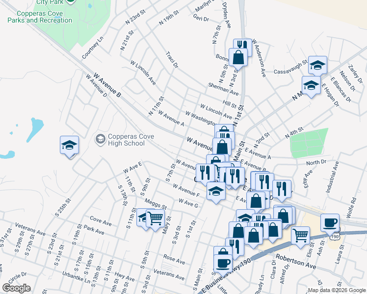 map of restaurants, bars, coffee shops, grocery stores, and more near 414 West Avenue C in Copperas Cove