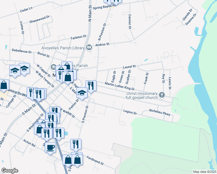 map of restaurants, bars, coffee shops, grocery stores, and more near 101-333 Brouillette Street in Marksville