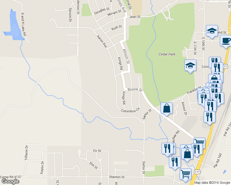 map of restaurants, bars, coffee shops, grocery stores, and more near 2002 Columbus Circle in Leesville