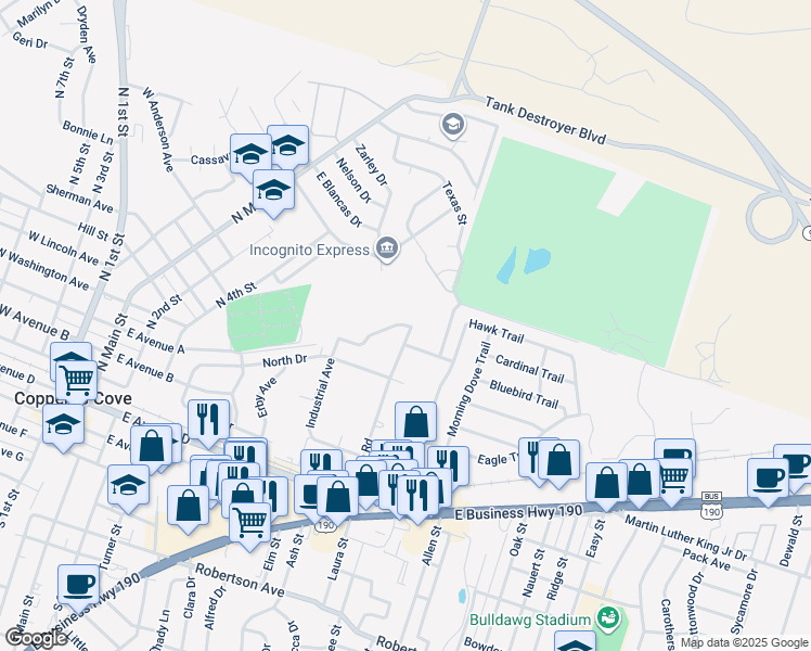 map of restaurants, bars, coffee shops, grocery stores, and more near 1228 Walt Morgan Circle in Copperas Cove