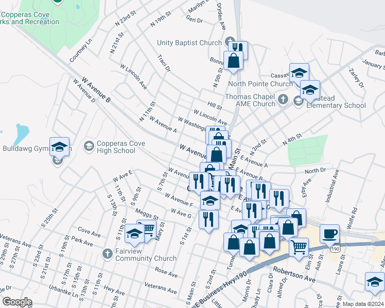 map of restaurants, bars, coffee shops, grocery stores, and more near 307 West Avenue B in Copperas Cove