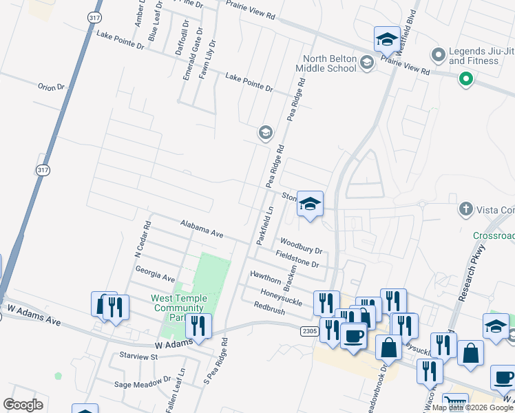 map of restaurants, bars, coffee shops, grocery stores, and more near 528 Parkfield Lane in Temple
