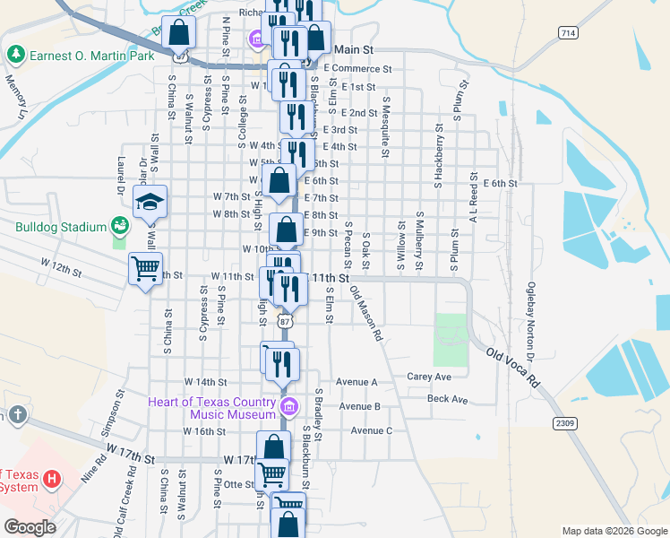 map of restaurants, bars, coffee shops, grocery stores, and more near 1109 South Elm Street in Brady