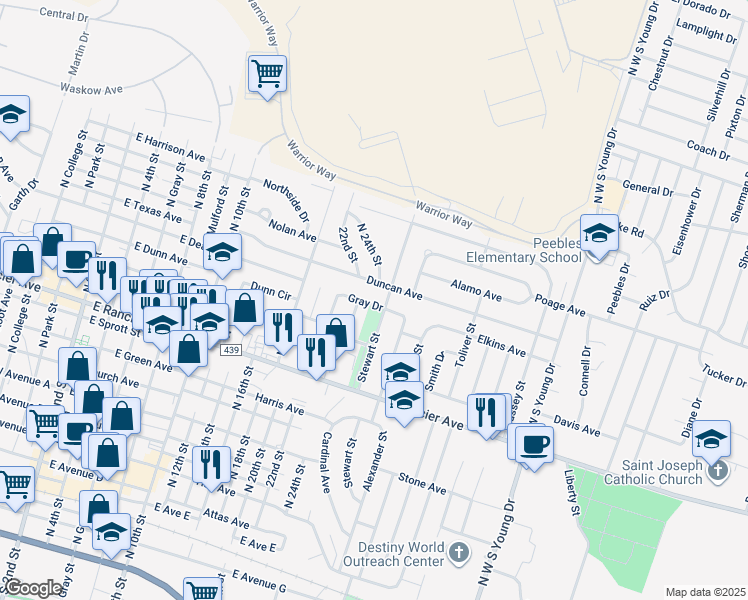 map of restaurants, bars, coffee shops, grocery stores, and more near 1303 Gray Drive in Killeen