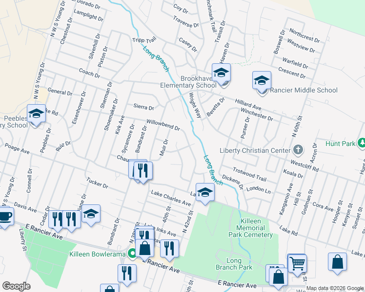 map of restaurants, bars, coffee shops, grocery stores, and more near 3303 Brookbend Drive in Killeen