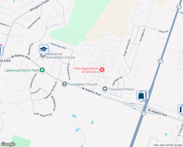 map of restaurants, bars, coffee shops, grocery stores, and more near 10409 Windy Pointe Drive in Temple