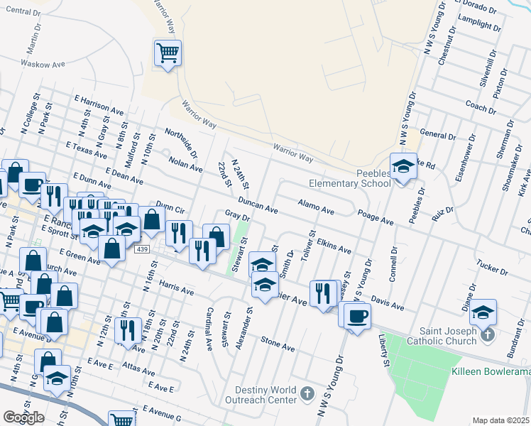 map of restaurants, bars, coffee shops, grocery stores, and more near 1410 Duncan Avenue in Killeen