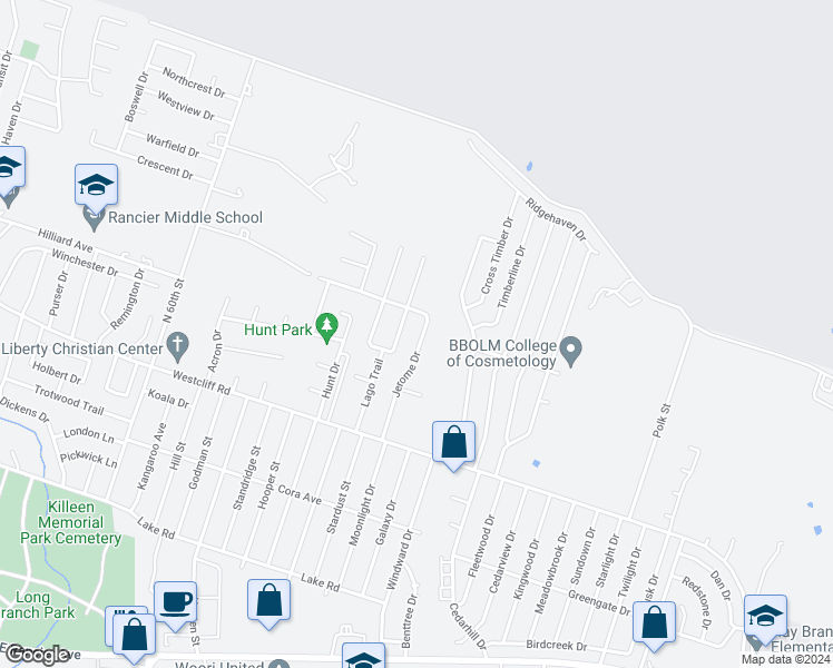 map of restaurants, bars, coffee shops, grocery stores, and more near 2403 Jerome Drive in Killeen
